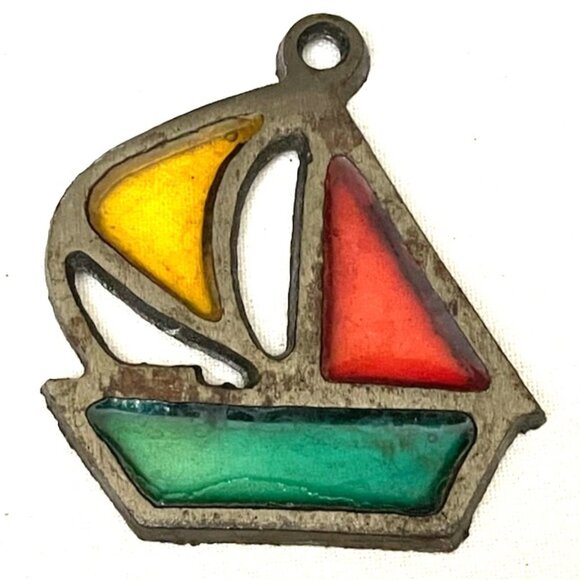 Vtg Stained Glass Sailboat Boat Sun Catcher Ornament Hanging Retro Colorful - Picture 2 of 3